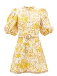 ZIMMERMANN Postcard floral-print belted linen mini dress | Nicky Hilton Rothchild style, Instagram, 19 February 2022 | celebrity social media fashion | women’s yellow and white floral puff sleeve dresses