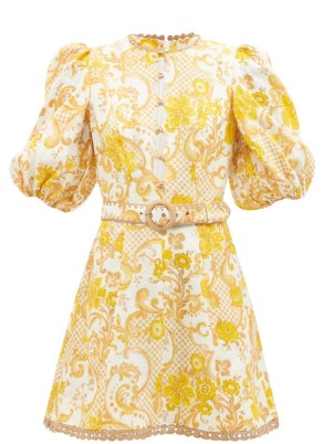 ZIMMERMANN Postcard floral-print belted linen mini dress | Nicky Hilton Rothchild style, Instagram, 19 February 2022 | celebrity social media fashion | women’s yellow and white floral puff sleeve dresses - flipped