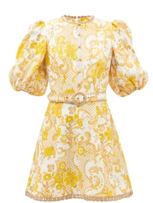 ZIMMERMANN Postcard floral-print belted linen mini dress | Nicky Hilton Rothchild style, Instagram, 19 February 2022 | celebrity social media fashion | women’s yellow and white floral puff sleeve dresses