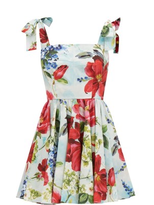 DOLCE & GABBANA Shoulder-tie floral-print cotton-poplin mini dress ~ blue sleeveless fit and flare dresses ~ women’s vintage style summer fashion ~ womens beautiful Italian clothing - flipped