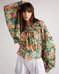 Ted Baker KESARA Printed Blouse With Tie Waist – voluminous long sleeved blouses – floral boho style fashion – balloon sleeves