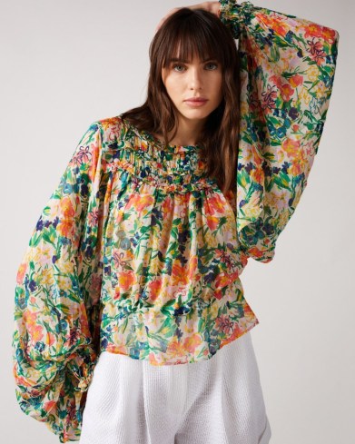 Ted Baker KESARA Printed Blouse With Tie Waist – voluminous long sleeved blouses – floral boho style fashion – balloon sleeves - flipped
