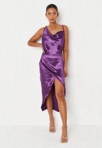 purple asymmetric textured satin drape midaxi dress