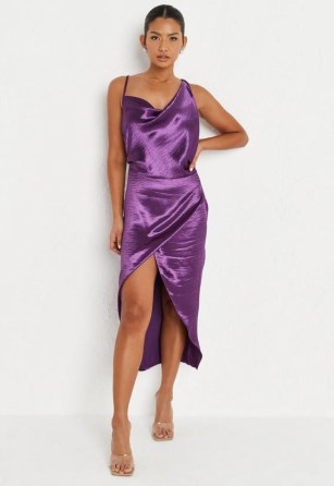 purple asymmetric textured satin drape midaxi dress - flipped