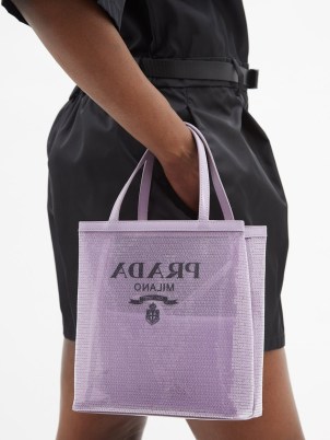 PRADA Logo-print sequinned mesh tote bag | small sheer designer bags | sequin covered handbags - flipped