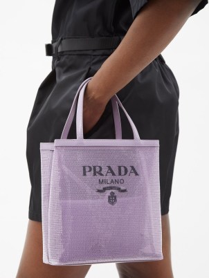 PRADA Logo-print sequinned mesh tote bag | small sheer designer bags | sequin covered handbags