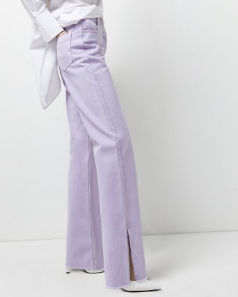 RIVER ISLAND PURPLE MID RISE STRAIGHT JEANS ~ womens lilac denim fashion ~ split hem trousers ~ slit hems - flipped