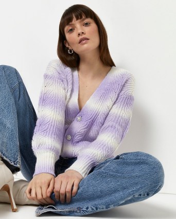 RIVER ISLAND PURPLE OMBRE STRIPED CABLE KNIT CARDIGAN ~ womens embellished button drop shoulder cardigans - flipped