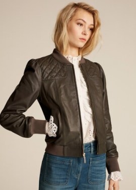 Quilt Detail Feminine Leather Bomber Jacket Dark Khaki ~ puff sleeve bombers ~ ME and EM jackets - flipped