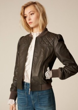 Quilt Detail Feminine Leather Bomber Jacket Dark Khaki ~ puff sleeve bombers ~ ME and EM jackets