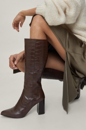 NASTY GAL Real Leather Croc Embossed Knee High Boots in Brown ~ women’s crocodile effect fotwear - flipped