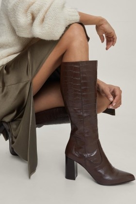 NASTY GAL Real Leather Croc Embossed Knee High Boots in Brown ~ women’s crocodile effect fotwear