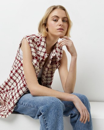 RIVER ISLAND RED CHECKED BOUCLE SLEEVELESS SHACKET ~ on-trend fashion 2022 ~ textured tweed style shackets - flipped
