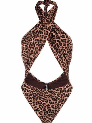 Reina Olga leopard-print wrap front swimsuit in brown – glamorous cut out swimsuits – wild animal prints on cutout swimwear – poolside glamour - flipped