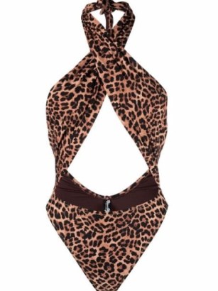 Reina Olga leopard-print wrap front swimsuit in brown – glamorous cut out swimsuits – wild animal prints on cutout swimwear – poolside glamour
