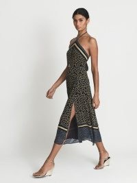ALEXANDRIA Printed Cut-Out Midi Dress – chic front cut out halter neck dresses – high split hem – halterneck occasion fashion