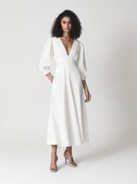 Reiss CHRISTIE Puff Sleeve Plunge Midi Dress White | plunging neckline occasion dresses | deep V-neck fit and flare event fashion