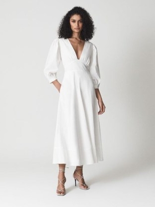 Reiss CHRISTIE Puff Sleeve Plunge Midi Dress White | plunging neckline occasion dresses | deep V-neck fit and flare event fashion