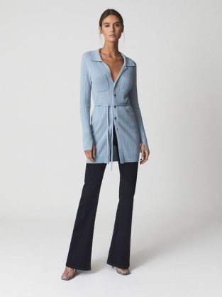 Reiss CORRIN Cashmere Blend Cardigan Pale Blue | chic longline tie waist cardigans - flipped