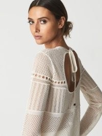 REISS ELIANA Lace Crew Neck Jumper in Neutral – feminine open back jumpers – women’s cut out knitted tops