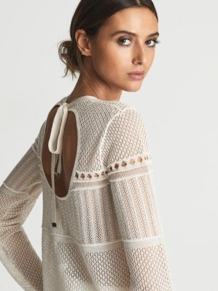 REISS ELIANA Lace Crew Neck Jumper in Neutral – feminine open back jumpers – women’s cut out knitted tops - flipped