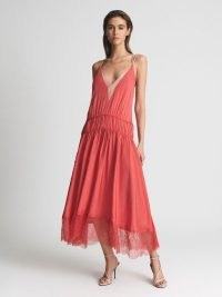 REISS HENLEY Romantic Cami Midi Dress / coral plunge front double skinny strap dresses / feminine lace trim occasion fashion