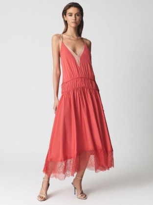 REISS HENLEY Romantic Cami Midi Dress / coral plunge front double skinny strap dresses / feminine lace trim occasion fashion - flipped