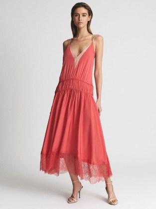 REISS HENLEY Romantic Cami Midi Dress / coral plunge front double skinny strap dresses / feminine lace trim occasion fashion