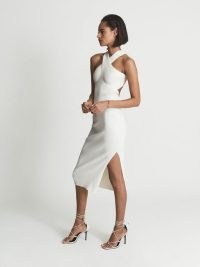REISS KEIRA Knitted Bodycon Midi Dress – cross front halterneck dresses – glamorous halter neck evening fashion