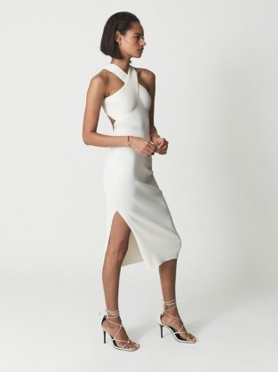 REISS KEIRA Knitted Bodycon Midi Dress – cross front halterneck dresses – glamorous halter neck evening fashion - flipped