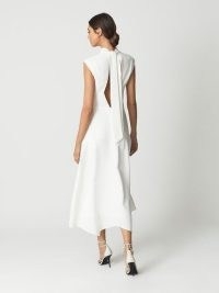 REISS LIVVY Open Back Midi Dress in White – elegant sleeveless high neck fit and flare occasion dresses – tie back detail evening event fashion