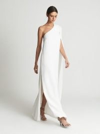 REISS NINA Cape One Shoulder Maxi Dress in White – elegant asymmetric neckline occasion dresses – chic evening event fashion – women’s flowing fabric occasionwear