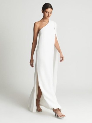 REISS NINA Cape One Shoulder Maxi Dress in White – elegant asymmetric neckline occasion dresses – chic evening event fashion – women’s flowing fabric occasionwear