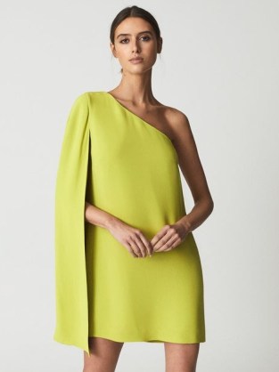 REISS SAMANTHA Cape One Shoulder Mini Dress in Lime – bright chic retro style occasion dresses – glamorous vintage inspired cocktail fashion – women’s evening event glamour - flipped