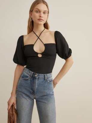 Reformation Remington Top in Black | puff sleeved plunge front tops - flipped