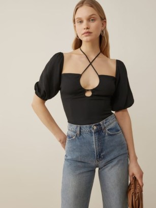 Reformation Remington Top in Black | puff sleeved plunge front tops