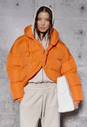 MISSGUIDED re_styld orange curved hem puffer coat – womens bright padded jackets – women’s trending fashion - flipped