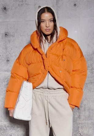 MISSGUIDED re_styld orange curved hem puffer coat – womens bright padded jackets – women’s trending fashion