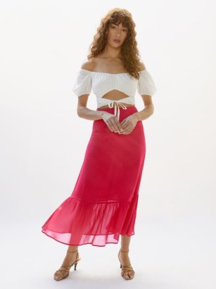 Reformation Roma Skirt in Rhubarb – dark pink tiered hem skirts - flipped