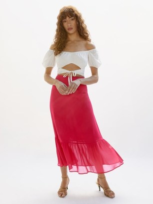 Reformation Roma Skirt in Rhubarb – dark pink tiered hem skirts