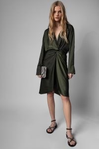 Zadig & Voltaire Rozo Dress in Kaki ~ khaki green satin twist front dresses ~ women’s French on-trend fashion