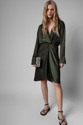 Zadig & Voltaire Rozo Dress in Kaki ~ khaki green satin twist front dresses ~ women’s French on-trend fashion