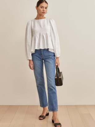 REFORMATION Rumi Linen Top in White / long balloon sleeved peplum hem tops / romantic style fashion with volume - flipped
