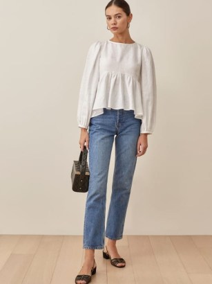 REFORMATION Rumi Linen Top in White / long balloon sleeved peplum hem tops / romantic style fashion with volume