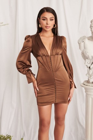 lavish alice satin balloon sleeve corset mini dress in chocolate brown ~ plunge front evening dresses