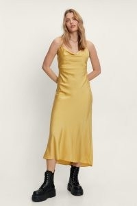 NASTY GAL Satin Button Down Maxi Dress in Lemon ~ strappy draped cowl neck slip dresses ~ skinny shoulder strap fashion