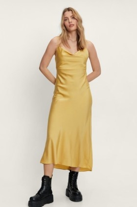 NASTY GAL Satin Button Down Maxi Dress in Lemon ~ strappy draped cowl neck slip dresses ~ skinny shoulder strap fashion