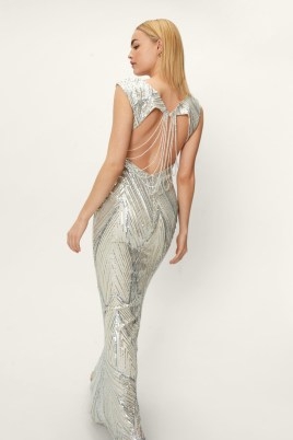 NASTY GAL Sequin Embellished Backless Maxi Evening Dress in Silver ~ long length sequinned metallic evening dresses ~ glittering 30s vintage style party ~ 1930s art deco inspired occasion glamour - flipped