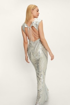 NASTY GAL Sequin Embellished Backless Maxi Evening Dress in Silver ~ long length sequinned metallic evening dresses ~ glittering 30s vintage style party ~ 1930s art deco inspired occasion glamour
