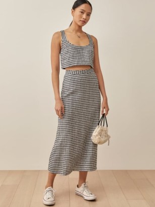 Reformation Silas Linen Skirt in April Check | checked midi skirts for spring 2022 | women’s fresh look gingham fashion